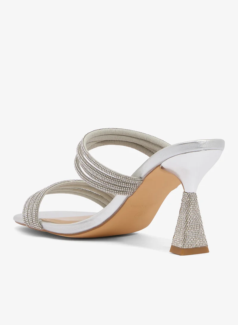 Truffle Silver pu Silver Strap Detail Rhinestone Embellished Heeled Sandals for Women | Best Price UAE