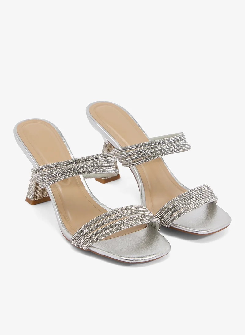 Truffle Silver pu Silver Strap Detail Rhinestone Embellished Heeled Sandals for Women | Best Price UAE