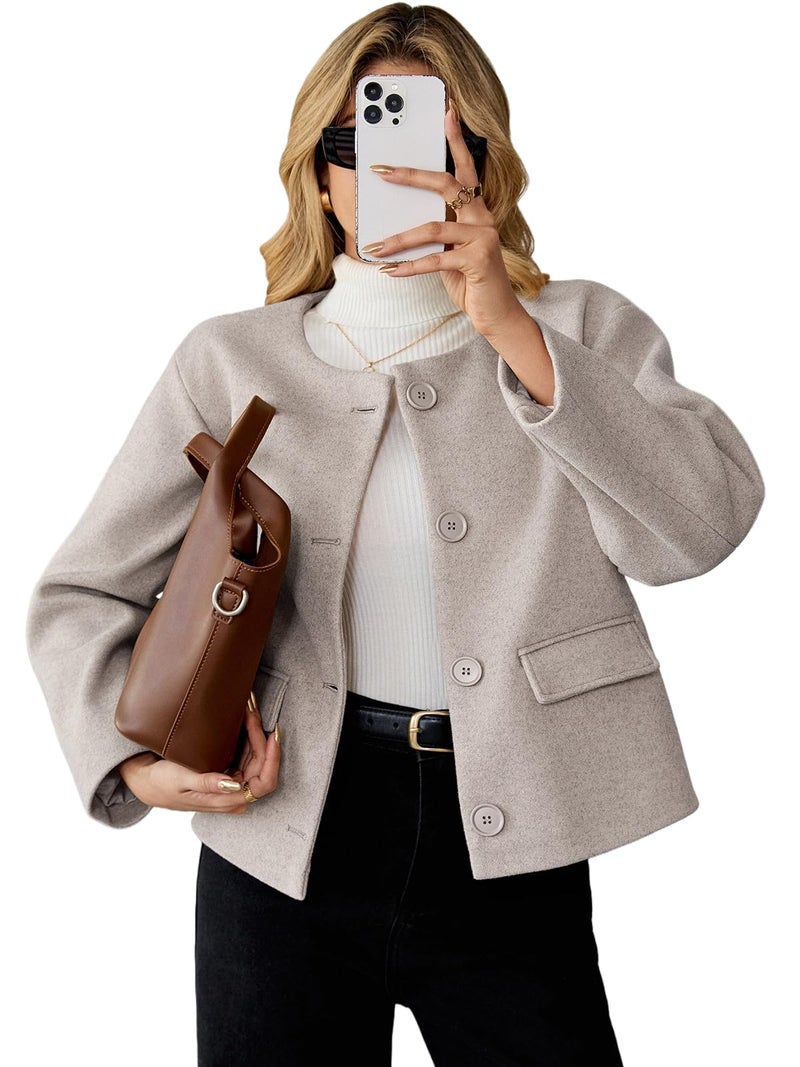 HOTIAN Womens Cropped Wool Blend Pea Coat Long Sleeve Coats Button Jacket Peacoat Fall Winter Outwear Overcoat (US, Alpha, Medium, Regular, Regular, Apricot) - Image 1