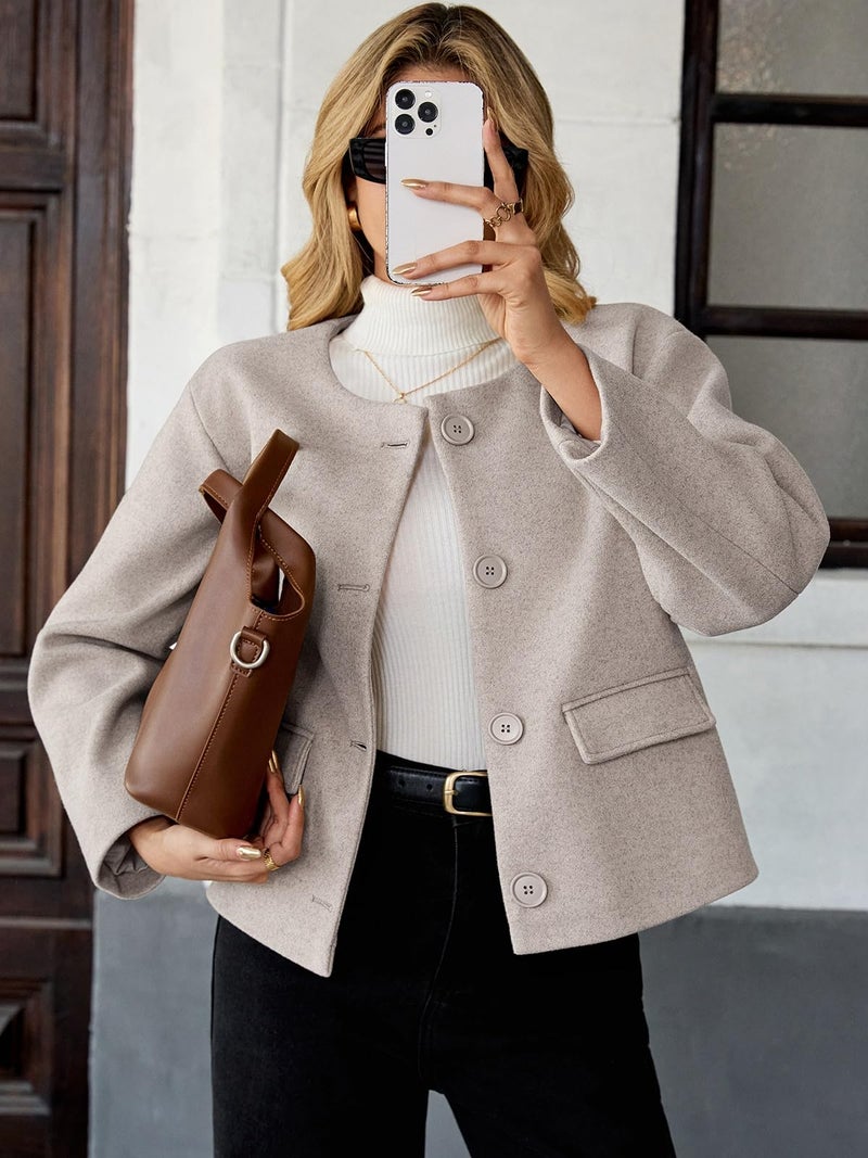 HOTIAN Womens Cropped Wool Blend Pea Coat Long Sleeve Coats Button Jacket Peacoat Fall Winter Outwear Overcoat (US, Alpha, Medium, Regular, Regular, Apricot) - Image 4