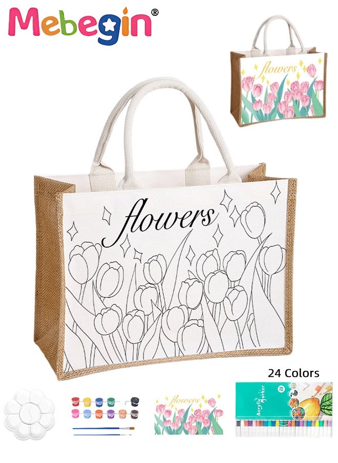 MEBEGIN DIY Tote Bag, DIY Personalized Handbag with Painting Kit, Canvas Grocery Shopping Bag with Handles, Complete Arts and Crafts, Ideal Gift for Girls, 33*13*23cm  - Image 1