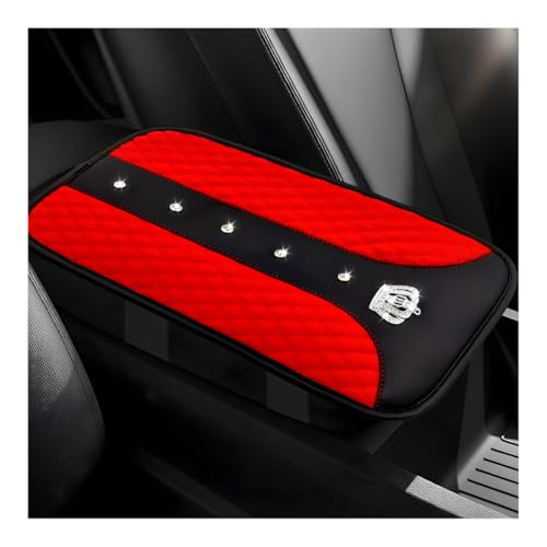 Yourkar Bling Crown Car Center Console Mats AntiSlip and Waterproof Crystal Car Armrest Pad Protector Universal Rustproof Armrest Decor Cushion for Cars SUVs Car Accessories Red - Image 1