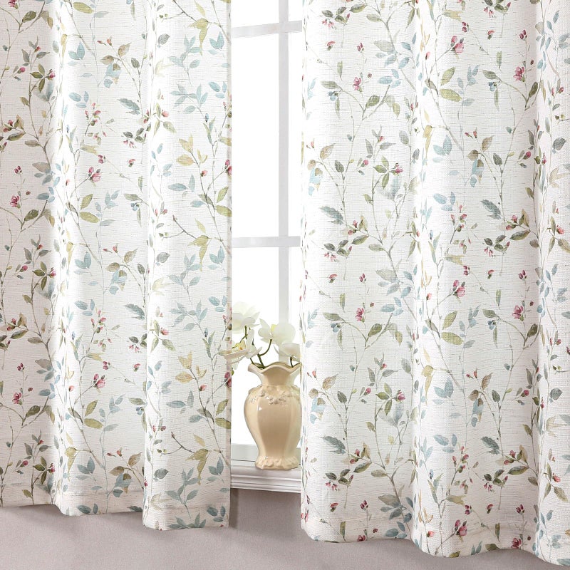 OWENIE Light Filtering Floral Curtains 84 Inches Long 2 Panels Set for Bedroom Living Room, Soft Airy Linen Blend Farmhouse Printed Leaf Design Grommet Textured Drapes, Each 58" Extra Wide 84" Long - Image 1