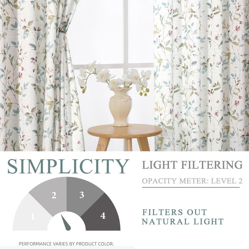 OWENIE Light Filtering Floral Curtains 84 Inches Long 2 Panels Set for Bedroom Living Room, Soft Airy Linen Blend Farmhouse Printed Leaf Design Grommet Textured Drapes, Each 58" Extra Wide 84" Long - Image 2