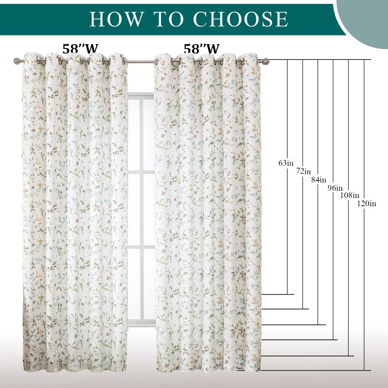 OWENIE Light Filtering Floral Curtains 84 Inches Long 2 Panels Set for Bedroom Living Room, Soft Airy Linen Blend Farmhouse Printed Leaf Design Grommet Textured Drapes, Each 58" Extra Wide 84" Long - Image 5