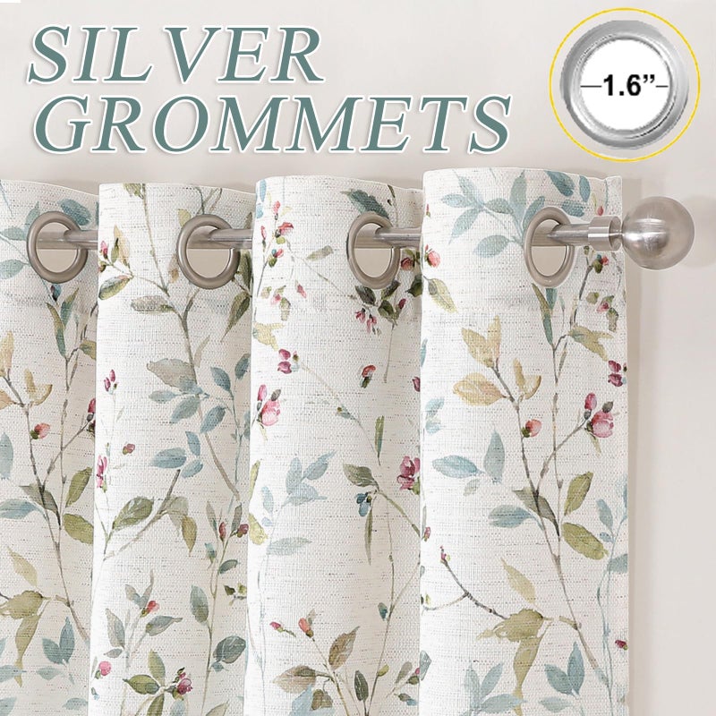 OWENIE Light Filtering Floral Curtains 84 Inches Long 2 Panels Set for Bedroom Living Room, Soft Airy Linen Blend Farmhouse Printed Leaf Design Grommet Textured Drapes, Each 58" Extra Wide 84" Long - Image 4