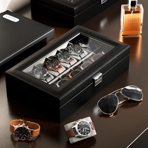 ProCase Watch Box Organizer for Men, 12 Slot Watch Display Case With Glass Lid, PU Leather Watch Storage Mens Watch Case, Watch Holder Organizer for Men Women -12 Slot, Black - Image 4