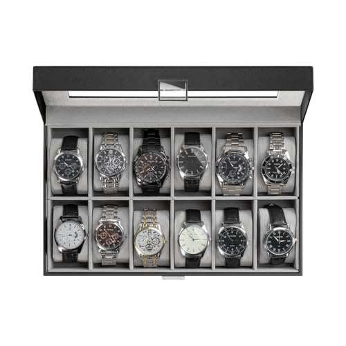 ProCase Watch Box Organizer for Men, 12 Slot Watch Display Case With Glass Lid, PU Leather Watch Storage Mens Watch Case, Watch Holder Organizer for Men Women -12 Slot, Black - Image 1