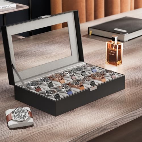 ProCase Watch Box Organizer for Men, 12 Slot Watch Display Case With Glass Lid, PU Leather Watch Storage Mens Watch Case, Watch Holder Organizer for Men Women -12 Slot, Black - Image 3