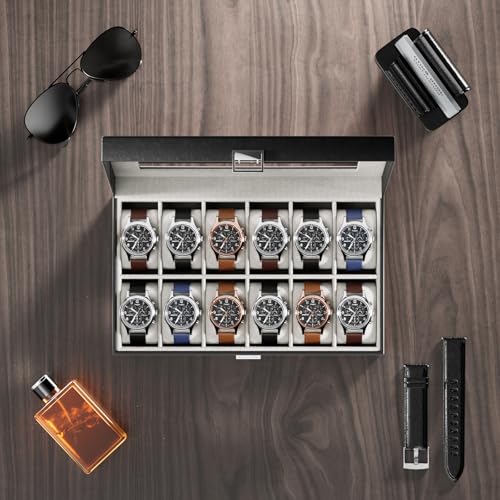 ProCase Watch Box Organizer for Men, 12 Slot Watch Display Case With Glass Lid, PU Leather Watch Storage Mens Watch Case, Watch Holder Organizer for Men Women -12 Slot, Black - Image 2