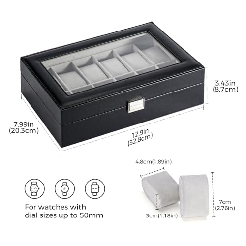 ProCase Watch Box Organizer for Men, 12 Slot Watch Display Case With Glass Lid, PU Leather Watch Storage Mens Watch Case, Watch Holder Organizer for Men Women -12 Slot, Black - Image 5