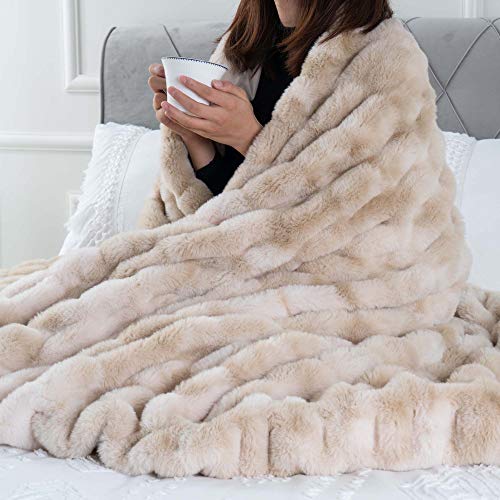 BATTILO HOME Ruched Luxurious Soft Beige Faux Fur Throw Blanket Fuzzy Plush Elegant with Reversible Mink Blanket for Sofa,Chair, Couch, Living Room, Home Decorative Blanket Tie dye (Beige, 50"x60") - Image 4
