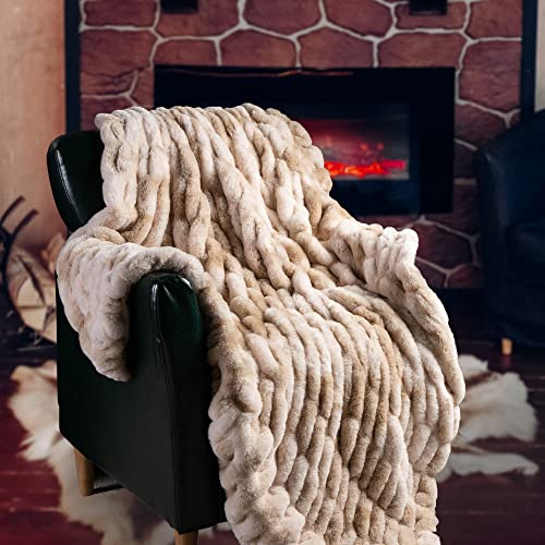 BATTILO HOME Ruched Luxurious Soft Beige Faux Fur Throw Blanket Fuzzy Plush Elegant with Reversible Mink Blanket for Sofa,Chair, Couch, Living Room, Home Decorative Blanket Tie dye (Beige, 50"x60") - Image 2