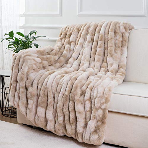 BATTILO HOME Ruched Luxurious Soft Beige Faux Fur Throw Blanket Fuzzy Plush Elegant with Reversible Mink Blanket for Sofa,Chair, Couch, Living Room, Home Decorative Blanket Tie dye (Beige, 50"x60") - Image 3