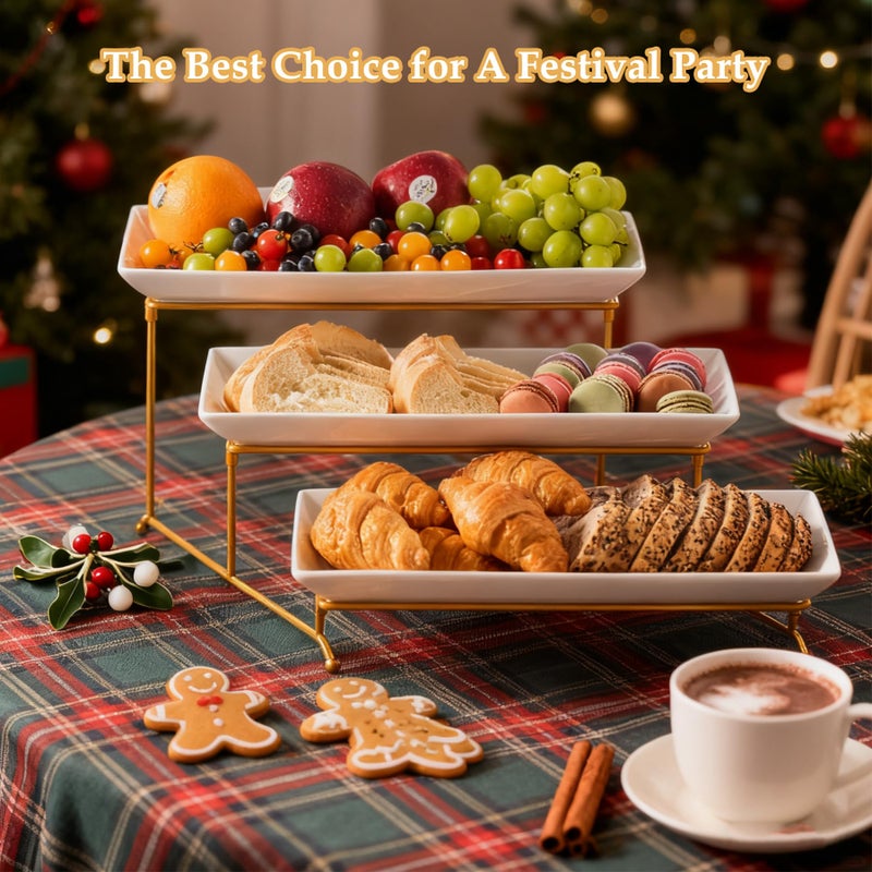 LYEOBOH 3 Tier Serving Stand and Platters Set Large Tiered Serving Platters with Collapsible Sturdier Rack 14 Inches Tiered Serving Tray for Appetizer Fruit, Dessert and Cupcake, White - Image 5