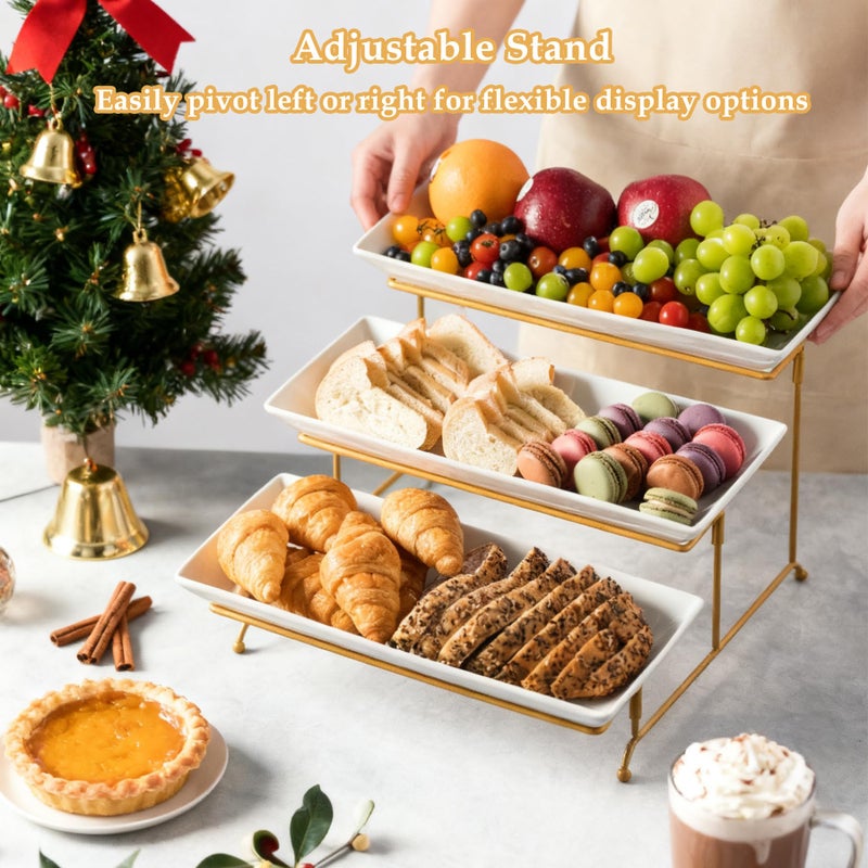 LYEOBOH 3 Tier Serving Stand and Platters Set Large Tiered Serving Platters with Collapsible Sturdier Rack 14 Inches Tiered Serving Tray for Appetizer Fruit, Dessert and Cupcake, White - Image 4