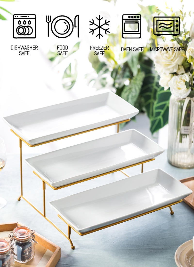 LYEOBOH 3 Tier Serving Stand and Platters Set Large Tiered Serving Platters with Collapsible Sturdier Rack 14 Inches Tiered Serving Tray for Appetizer Fruit, Dessert and Cupcake, White - Image 2