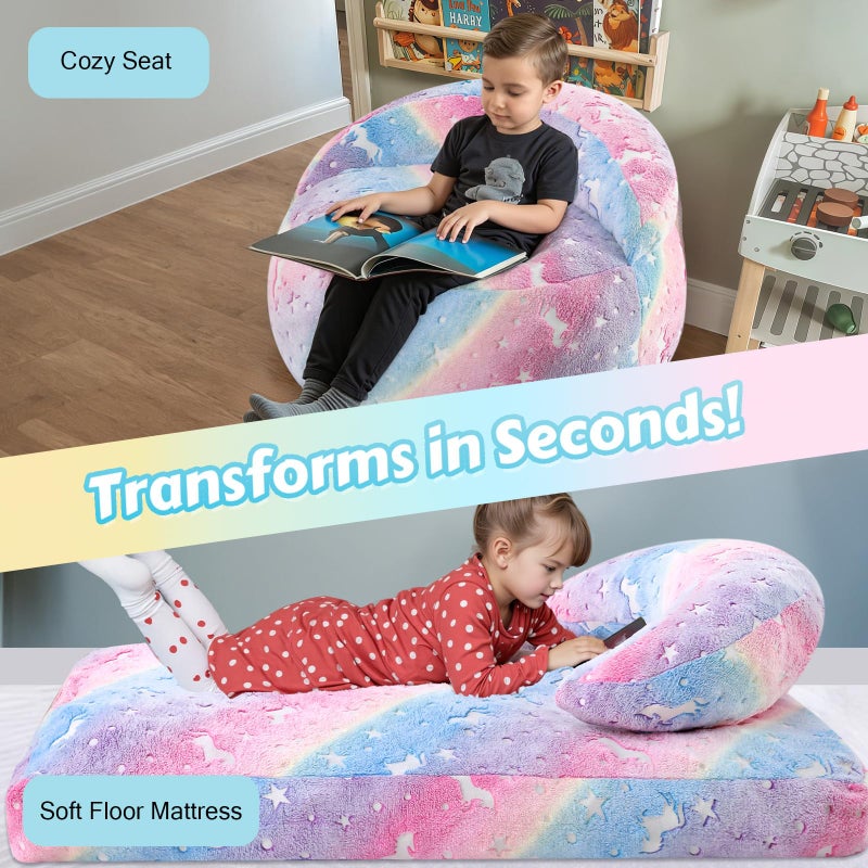 COMAX Bean Bag Chair for Kids, Unicorn Convertible Toddler Beanbag Bed, Children Bean Chair Stuffed to Floor Mattress with Filler, Colorful Rainbow - Image 4