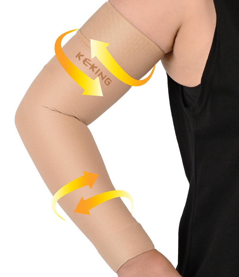 KEKING Lymphedema Compression Arm Sleeves with Silicone Band for Men Women Pair 1520 mmHg Compression Full Arm Support for Lipedema Post Surgery Recovery Swelling Pain Relief Beige XL