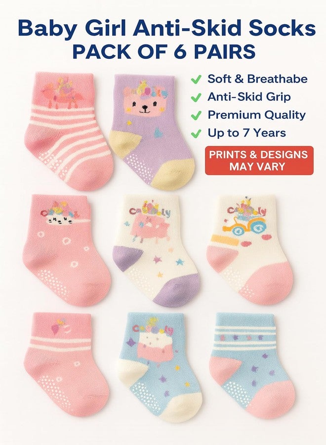 CUTEABLY Organic Cotton Anti-Skid Baby Socks, Non-Slip Grip Dots, Pack of 6 Pairs (Mix - print) (IN, Age, 0 Months, 6 Months, Girl) - Image 2