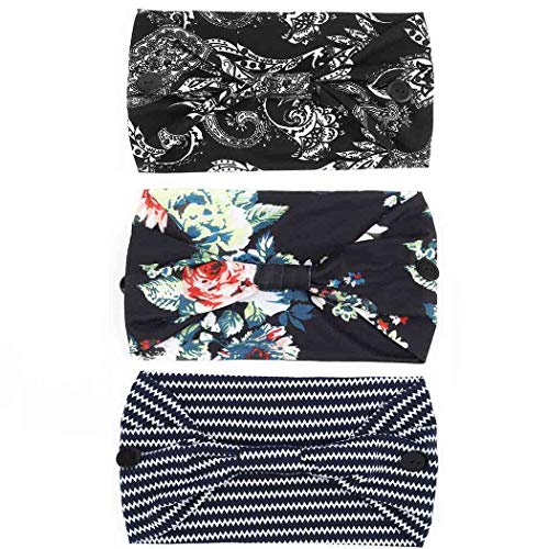 Bohend Boho Button Headband Wide Stretchy Daily Use Knotted Headwear Sport Athletic Yoga Gym Hair Accessories for Women and Girls(3pcs) (B) - Image 2