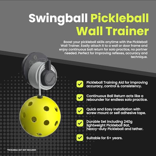 Swingball Solo Pickleball Trainer Set Wall Mount Rebounder with Real Ball Tether IndoorOutdoor Practice Partner for All Skill Levels Perfect Solo Training Aid No Paddle Included Ages 6 - Image 3