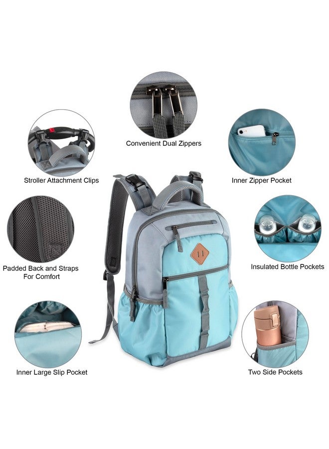 بيبي إيسينشيلز حقيبة ظهر للحفاضات ثنائية اللون من بيبي إسينشالز مع وسادة تغيير محمولة، وأحزمة لعربة الأطفال، وجيب معزول للزجاجات، طقم من قطعتين (لون أزرق مخضر) - Image 4