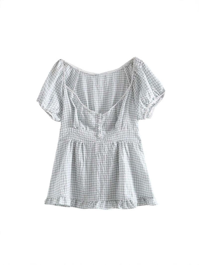 New Ruffled Bubble Sleeve Short Sleeve Retro Sweet Lace Three Button T-Shirt - Image 4