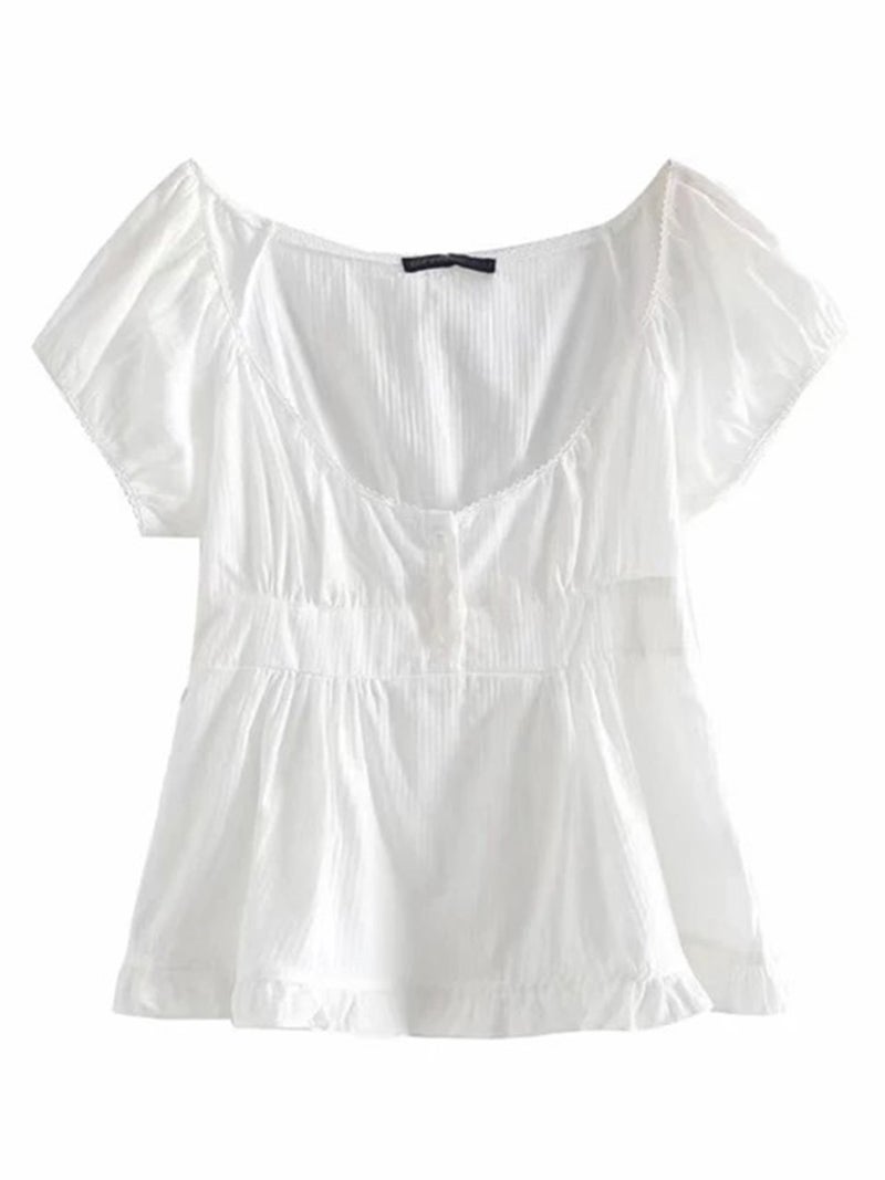 New Ruffled Bubble Sleeve Short Sleeve Retro Sweet Lace Three Button T-Shirt - Image 3