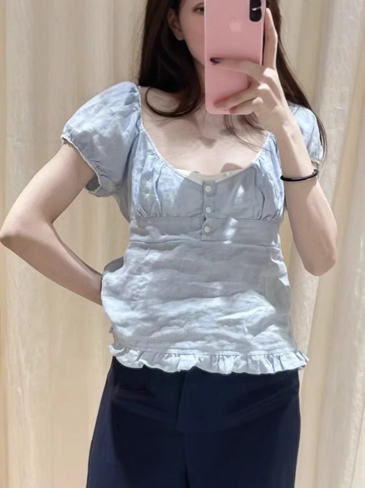 New Ruffled Bubble Sleeve Short Sleeve Retro Sweet Lace Three Button T-Shirt - Image 5