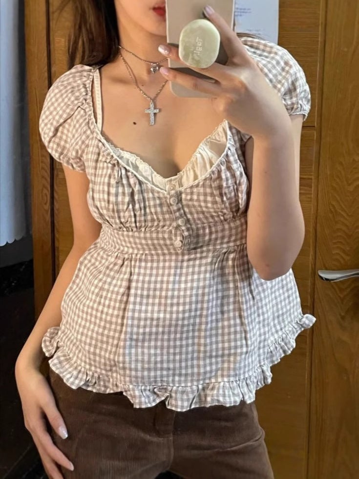 New Ruffled Bubble Sleeve Short Sleeve Retro Sweet Lace Three Button T-Shirt - Image 2