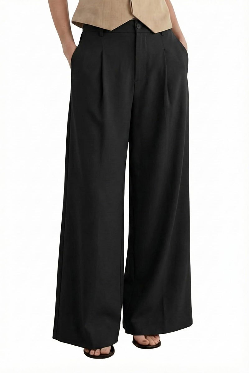Arach&Cloz Women's Linen Blend Elastic Waist Wide Leg Work Pants High Waisted Slacks Business Casual Work Trousers Dressy Pants with Pockets Petite Black 2026 L - Image 1