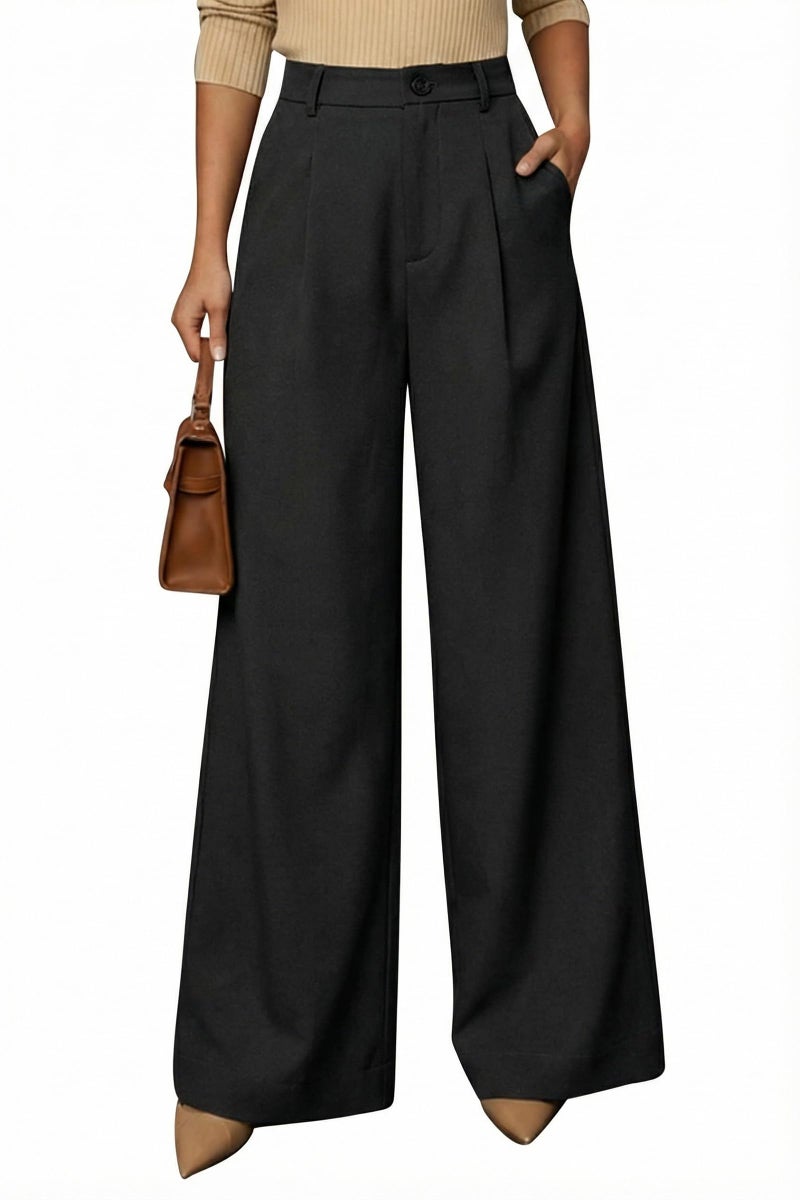 Arach&Cloz Women's Linen Blend Elastic Waist Wide Leg Work Pants High Waisted Slacks Business Casual Work Trousers Dressy Pants with Pockets Petite Black 2026 L - Image 5
