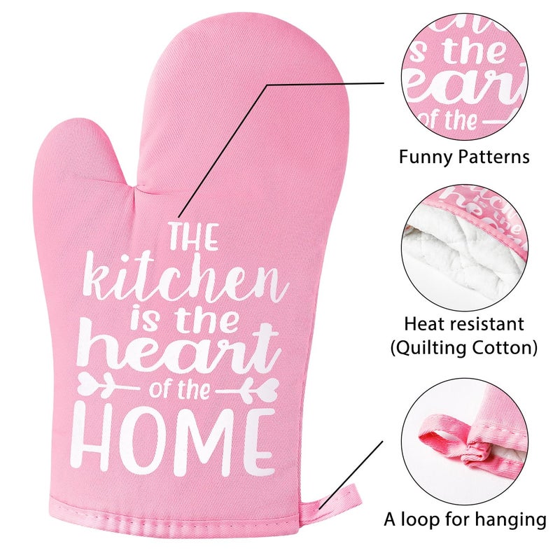GROBRO7 6Pcs Funny Oven Mitts Pot Holders The Kitchen is The Heart of The Home Heat Resistant Hot Pad Machine Washable Gloves with Hanging Loop Pocket Hot Pad for Baking Cooking Pink - Image 3