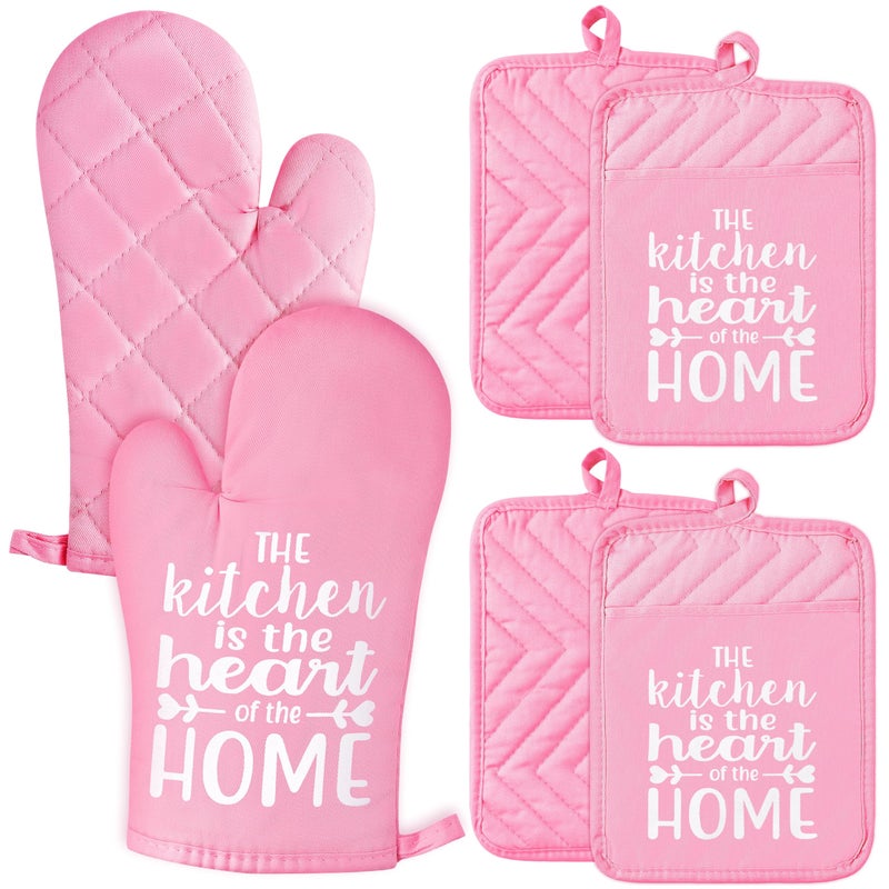 GROBRO7 6Pcs Funny Oven Mitts Pot Holders The Kitchen is The Heart of The Home Heat Resistant Hot Pad Machine Washable Gloves with Hanging Loop Pocket Hot Pad for Baking Cooking Pink - Image 1