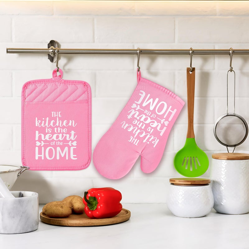 GROBRO7 6Pcs Funny Oven Mitts Pot Holders The Kitchen is The Heart of The Home Heat Resistant Hot Pad Machine Washable Gloves with Hanging Loop Pocket Hot Pad for Baking Cooking Pink - Image 5