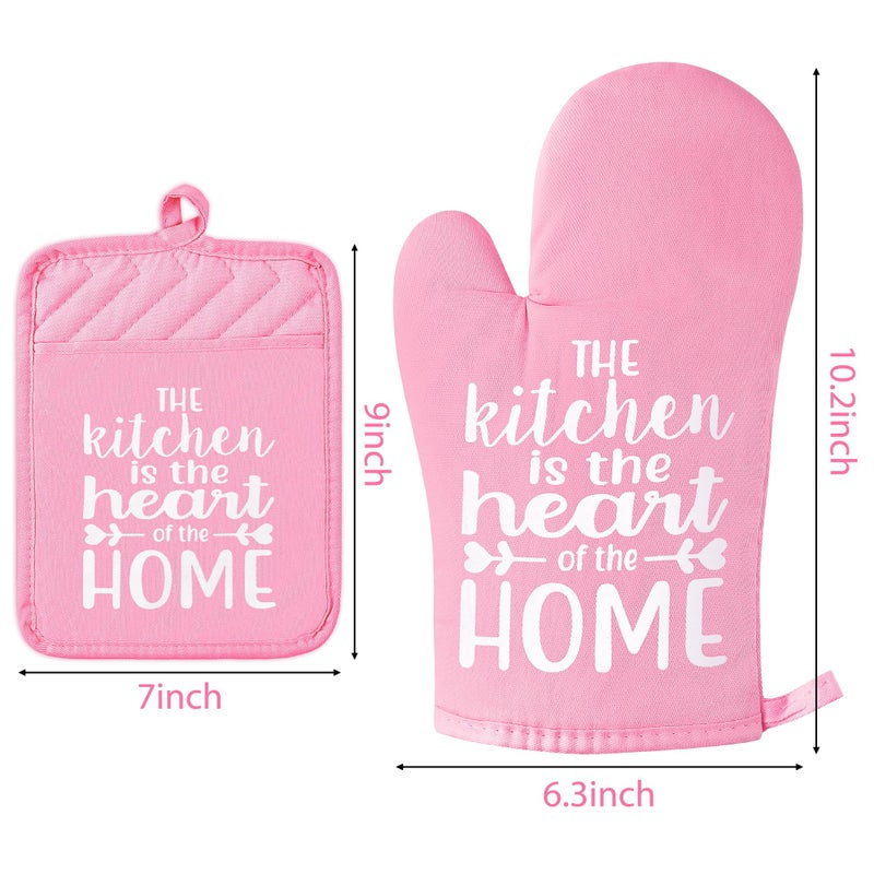 GROBRO7 6Pcs Funny Oven Mitts Pot Holders The Kitchen is The Heart of The Home Heat Resistant Hot Pad Machine Washable Gloves with Hanging Loop Pocket Hot Pad for Baking Cooking Pink - Image 2