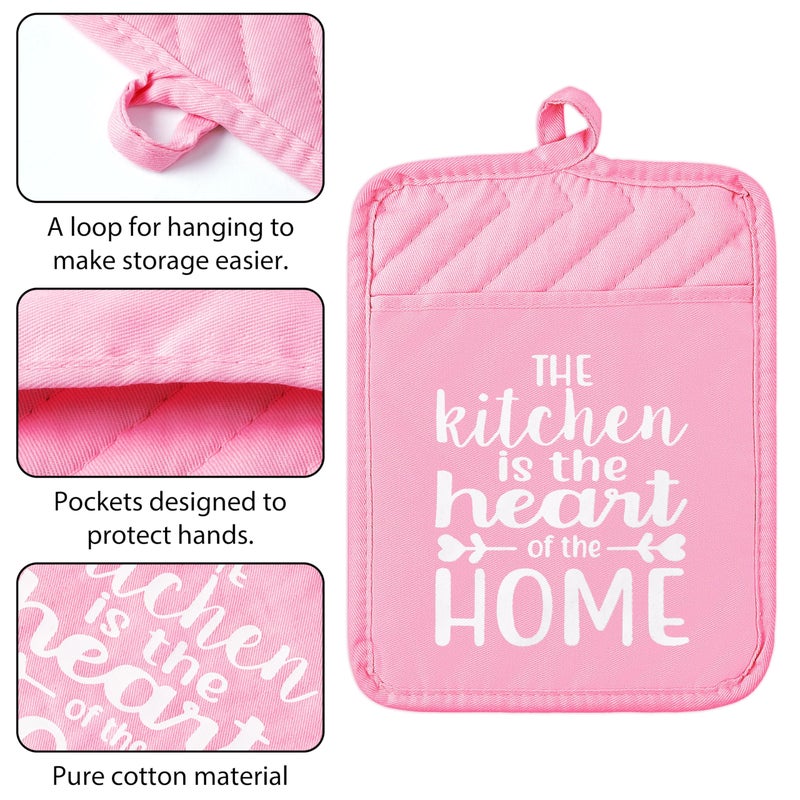 GROBRO7 6Pcs Funny Oven Mitts Pot Holders The Kitchen is The Heart of The Home Heat Resistant Hot Pad Machine Washable Gloves with Hanging Loop Pocket Hot Pad for Baking Cooking Pink - Image 4