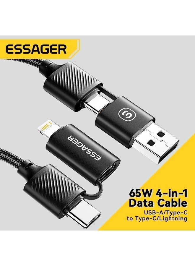 ESSAGER Mobile Fast Charge Data Cable, 4 in 1,Type-C(USB C) to Type-C(USB C),USB-A Connector,Compatible with devices using a Lightning connector, 65W, 3A, 1m Length.(Black) - Image 5