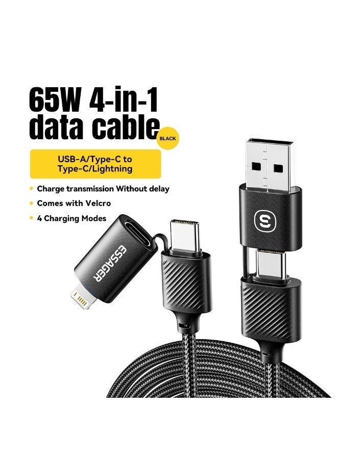 ESSAGER Mobile Fast Charge Data Cable, 4 in 1,Type-C(USB C) to Type-C(USB C),USB-A Connector,Compatible with devices using a Lightning connector, 65W, 3A, 1m Length.(Black) - Image 2