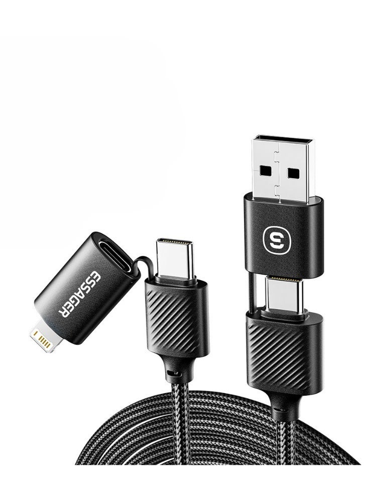 ESSAGER Mobile Fast Charge Data Cable, 4 in 1,Type-C(USB C) to Type-C(USB C),USB-A Connector,Compatible with devices using a Lightning connector, 65W, 3A, 1m Length.(Black) - Image 1