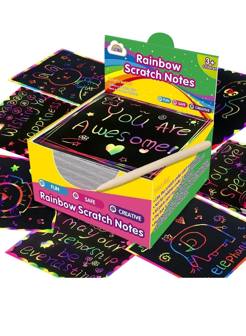 Excefore ملاحظات فنون الخدش قوس قزح المصغرة - 125 ورقة خدش سحرية بطاقات ملاحظات للأطفال ألعاب حرف يدوية هدايا حفلات إمدادات للفتيات والفتيان عيد ميلاد عيد الهالوين عيد الميلاد صناديق هدايا - Image 1
