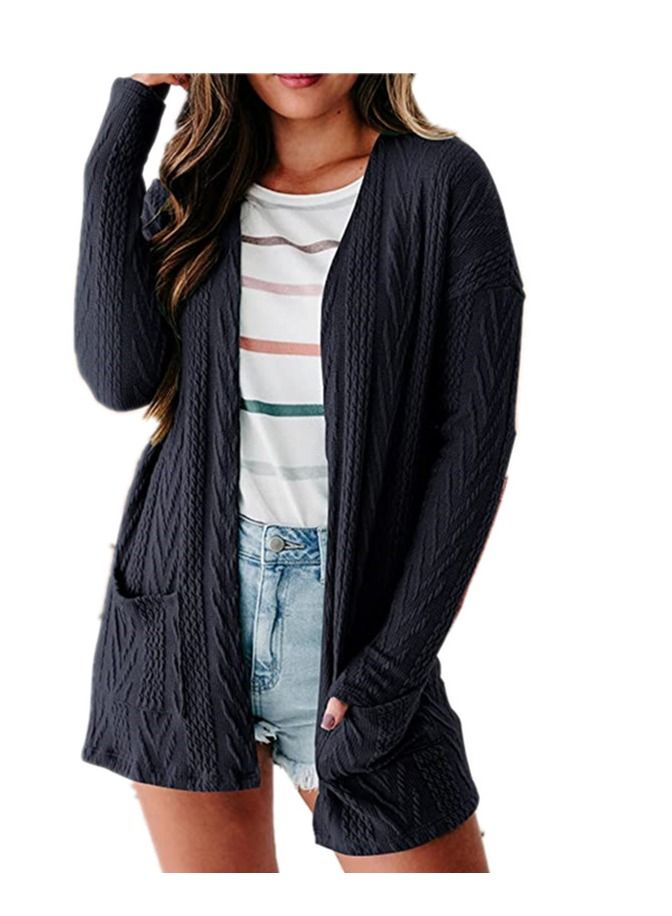 Loquat New Women's Solid Color Loose Fashion Stitching Sweater Knitted Long Sleeve Cardigan 