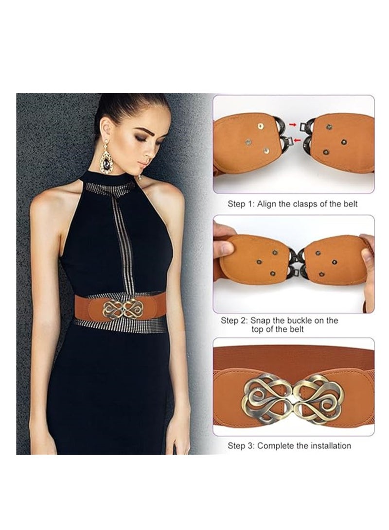 KASTWAVE Women's Wide Elastic Belt, Women Elastic Waist Belt with Shape Buckle Vintage Stretchy Waist Belt, Stretchy Waistband Ladies Retro Dress Belt for Dresses, 3 Pcs, Black, Red, Brown - Image 4