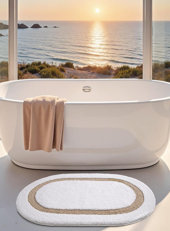 LUMI White Bath Mat Oval Bathroom Rug, 24x44 Non Slip Washable Bathroom Mats, Soft Absorbent Bath Rugs with Quick Dry Microfiber for Shower Floor, White and Beige - Image 3