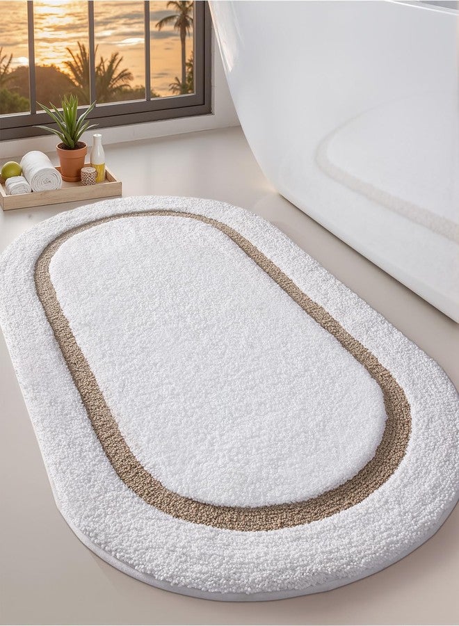 LUMI White Bath Mat Oval Bathroom Rug, 24x44 Non Slip Washable Bathroom Mats, Soft Absorbent Bath Rugs with Quick Dry Microfiber for Shower Floor, White and Beige - Image 1