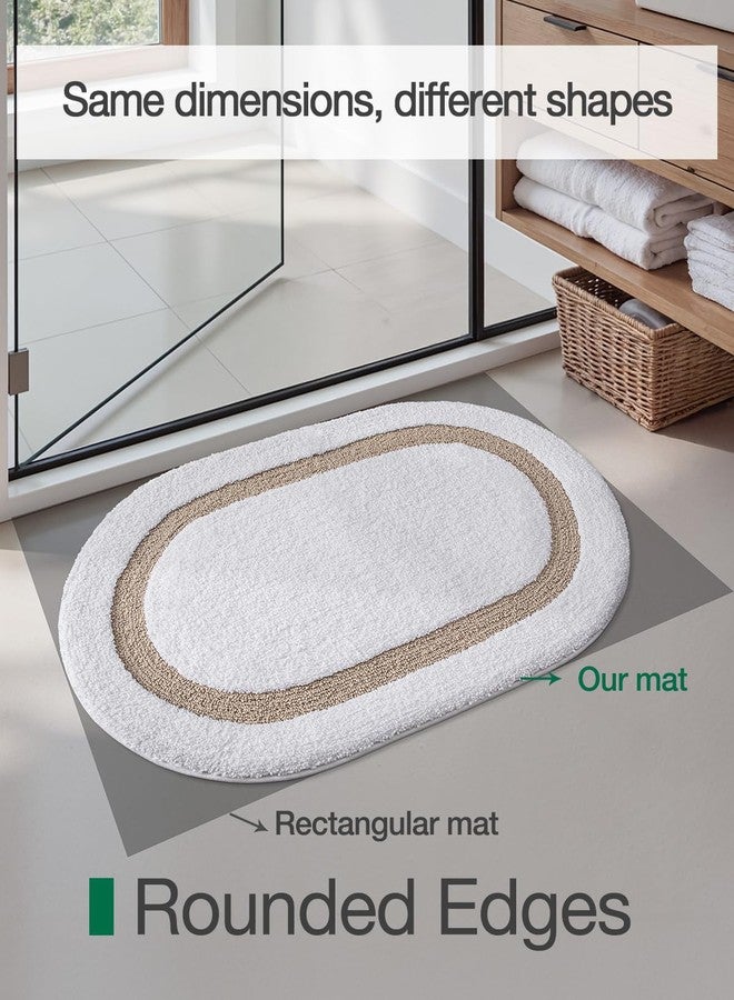 LUMI White Bath Mat Oval Bathroom Rug, 24x44 Non Slip Washable Bathroom Mats, Soft Absorbent Bath Rugs with Quick Dry Microfiber for Shower Floor, White and Beige - Image 5