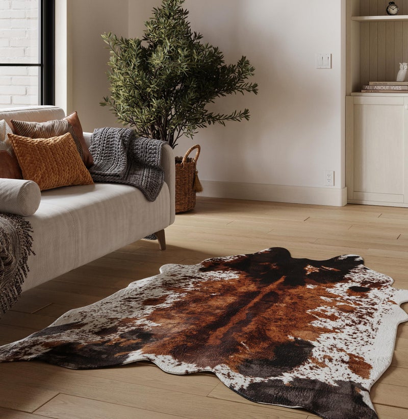 NativeSkins Faux Cowhide Rug – Original Brown (Large) | 4'7" x 6'7" | Triple-Layer Support | Ultra-Soft Pile | Hand-Cut, Faux Suede No-Slip Backing | Western Rug | Cow Hide Animal Print - Image 1
