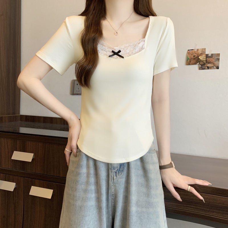 2025 Lace Bow Short-Sleeved T-Shirt Women'S Chic Niche Pure Cotton Top Sweet Fresh Instagram Style Trendy - Image 5