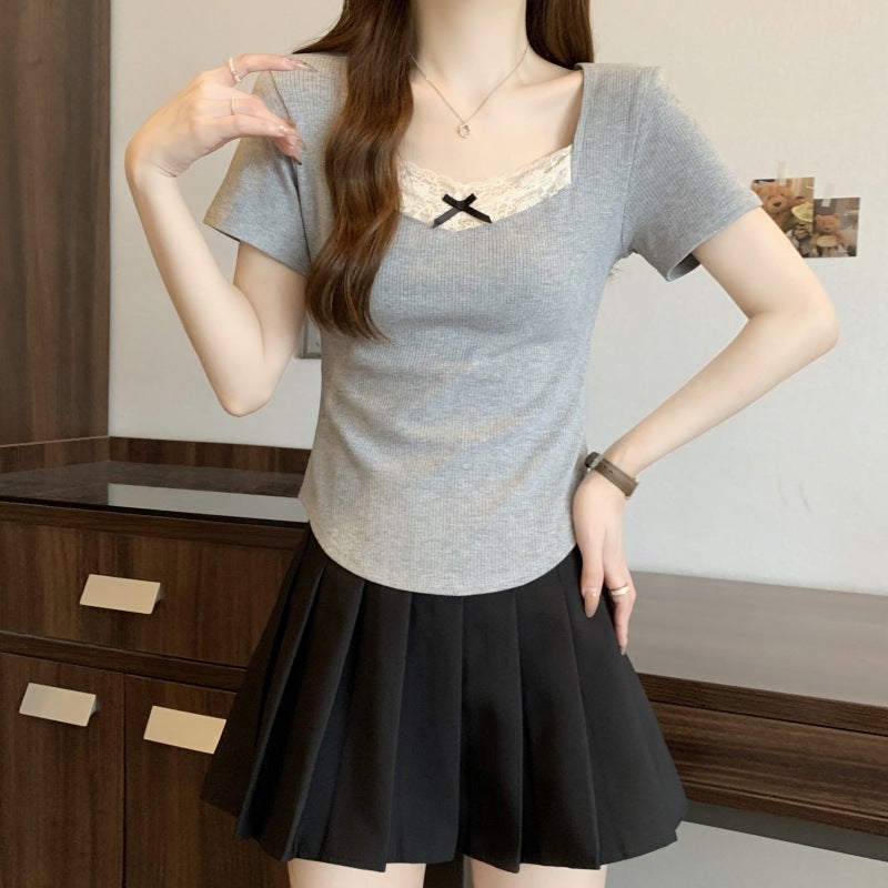 2025 Lace Bow Short-Sleeved T-Shirt Women'S Chic Niche Pure Cotton Top Sweet Fresh Instagram Style Trendy - Image 4